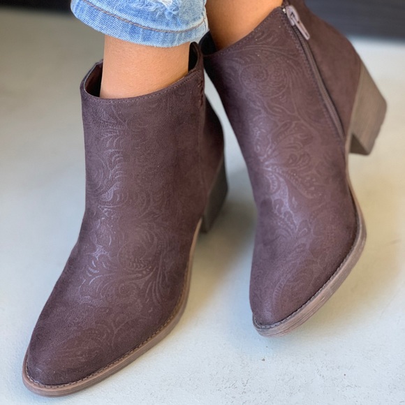 Texas Brown Brocade Floral Embossed Ankle Booties - Picture 3 of 8